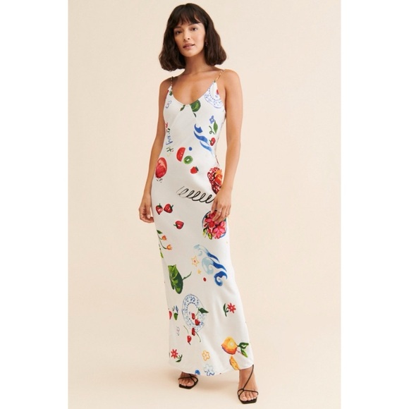 Damson Madder Calypso Printed Maxi Slip Dress White Beaded 8 - Picture 1 of 14